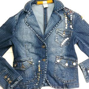 Oh Me Re Jeans Denim Jacket Bling Distressed Faded 34" Chest Jr Size Medium